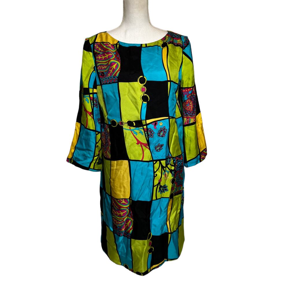 Muse Sz 12 Dress 100% Silk Geometic‎ Blue Black 3/4 Sleeve Green Flare Lined